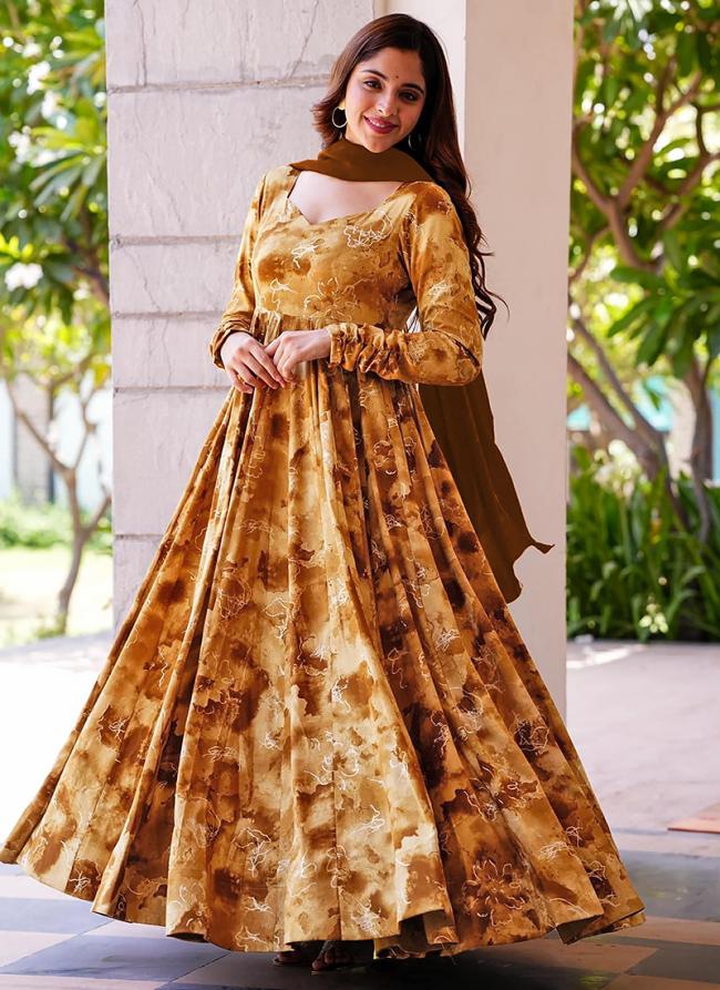 Heavy Rayon Mustard Ethnic Wear Digital Printed Readymade Gown